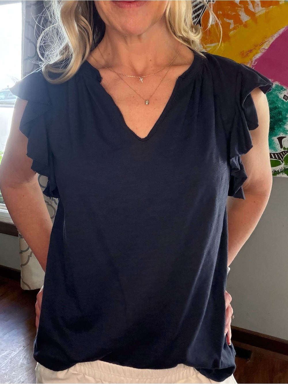 Women’s Navy Ruffle Sleeve V-Neck Top